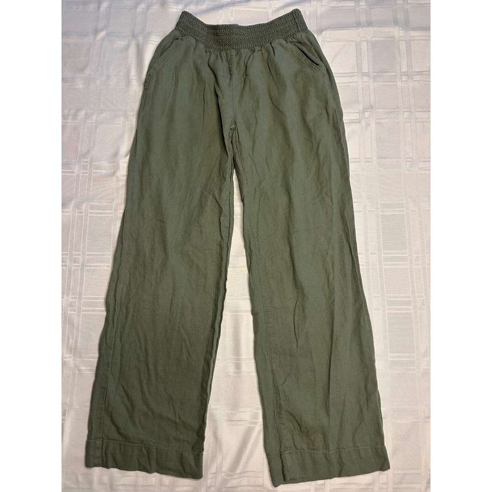 Briggs Pants Women S Green Linen Blend Wide Leg Smocked Waist Casual Pocket